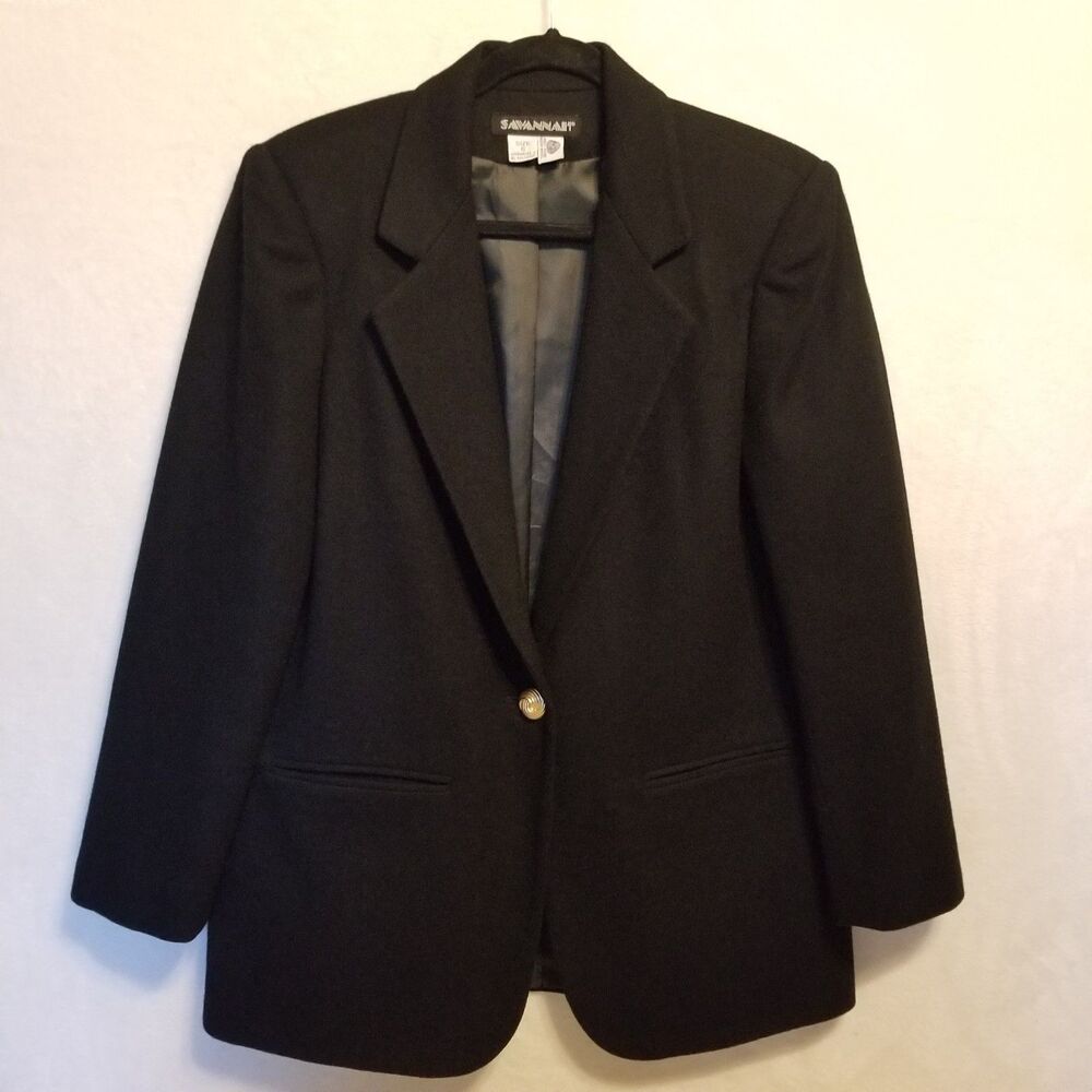 Vintage Savannah 6 Blazer Jacket Black Gold Button 100% Wool Classic Business